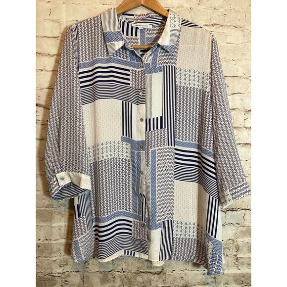 Rose + Olive Tops - Rose + Olive Top Womens 2X Blue & Pink Patchwork Mixed Print Button Up Artsy